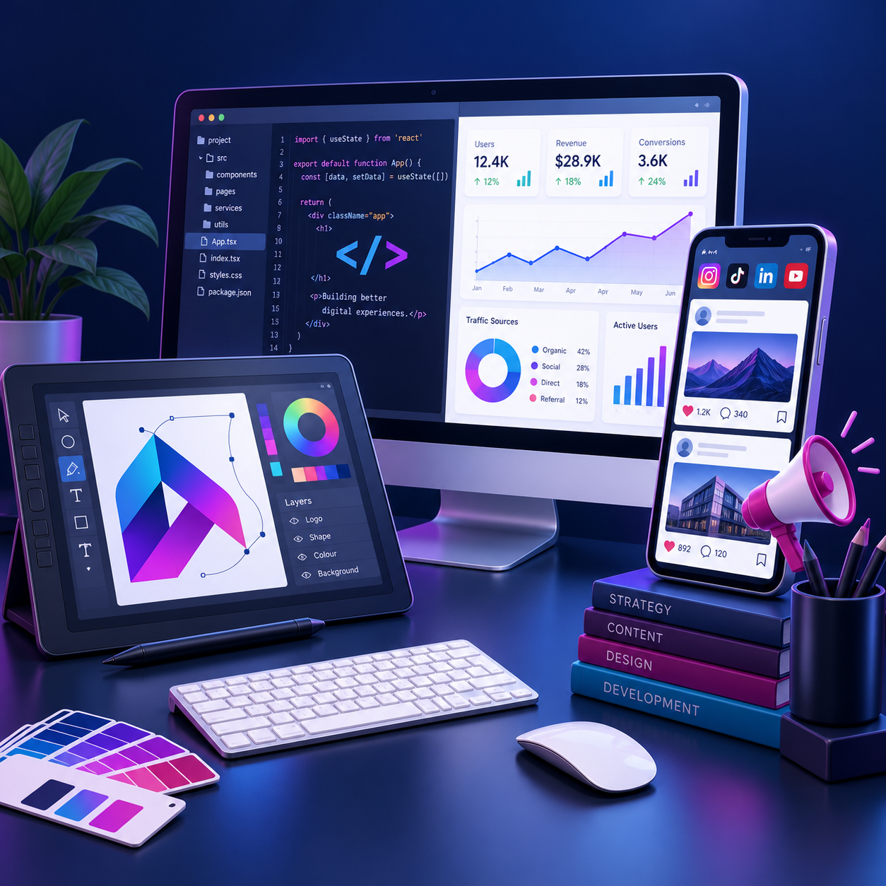 Software coding and business dashboard, graphic design tablet and social media marketing tools in Zaroonix brand colours.